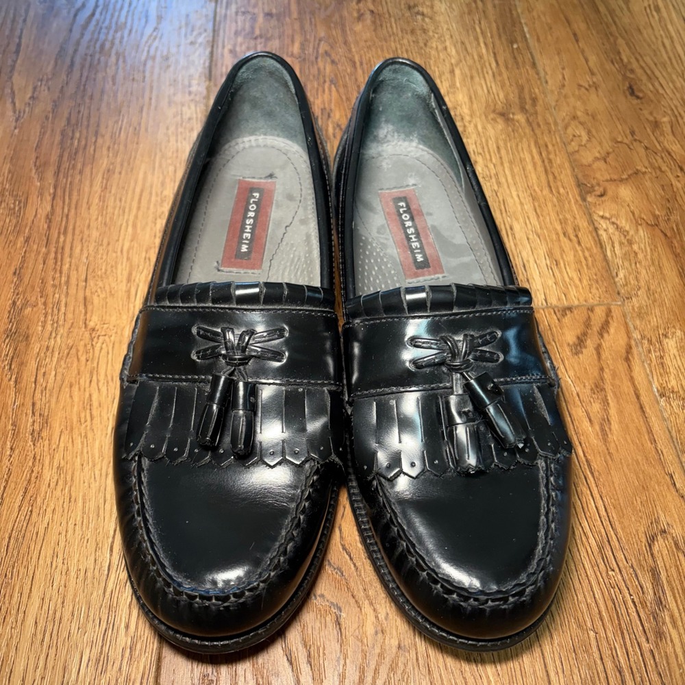 Vintage 90s Florsheim Black Leather Kiltie Tassel Loafers Dress Shoes Size 9D